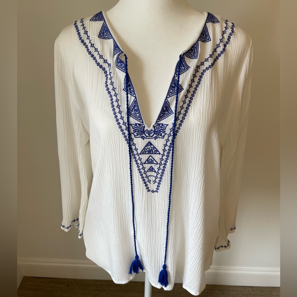VENUS White Blouse with Blue Embroidery